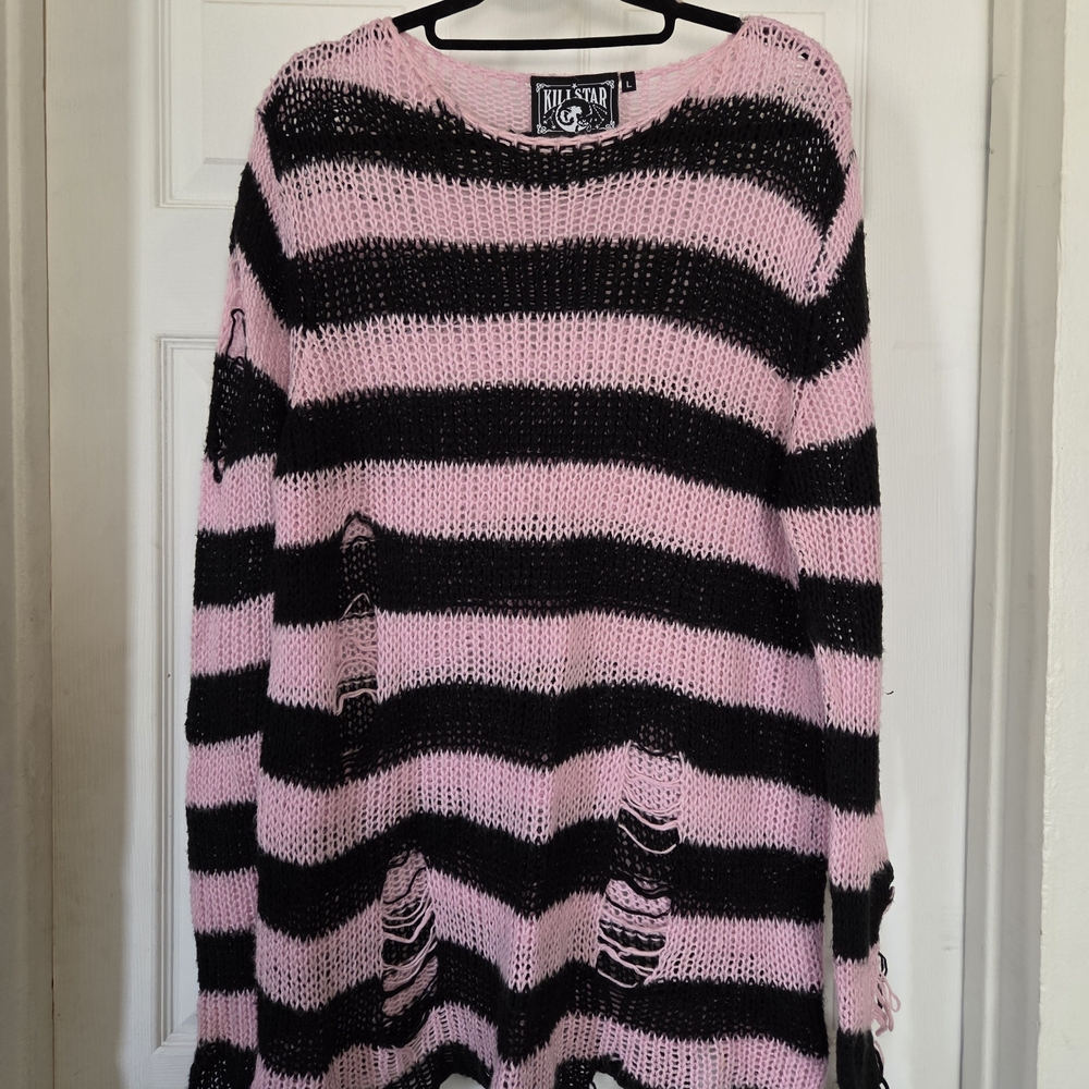 Killstar Pink & Black Distressed Striped Crew Sweater